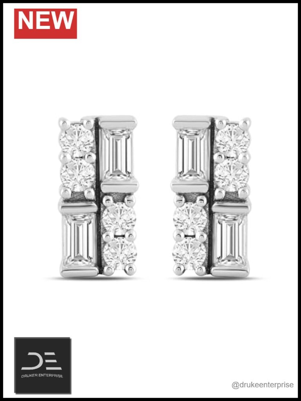 10K White Gold 0.25 cttw Diamond Stud Earrings Round Baguette Prong Set
